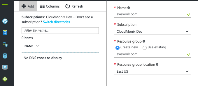 How to delegate a DNS Domain from AWS to Azure - Create DNS Zone
