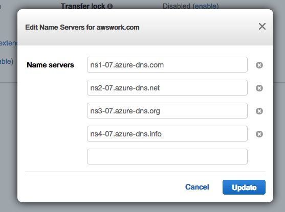 How to delegate a DNS Domain from AWS to Azure - edit the Name Servers section to use the Name Servers provided by Azure