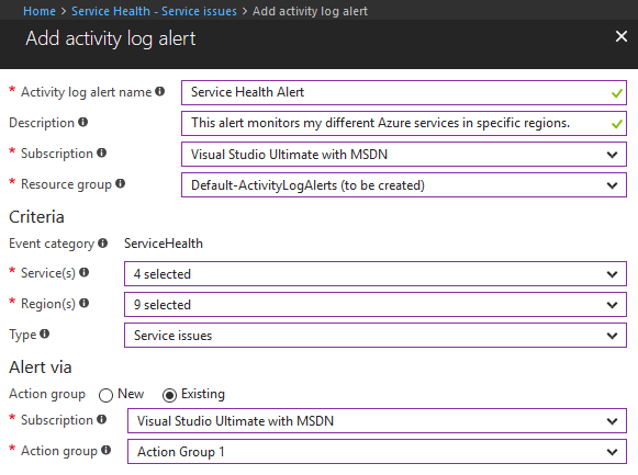 Activity log alert - Get Notified Of Azure Service Incidents
