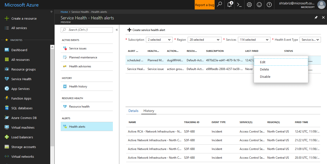Health alert - Get Notified Of Azure Service Incidents