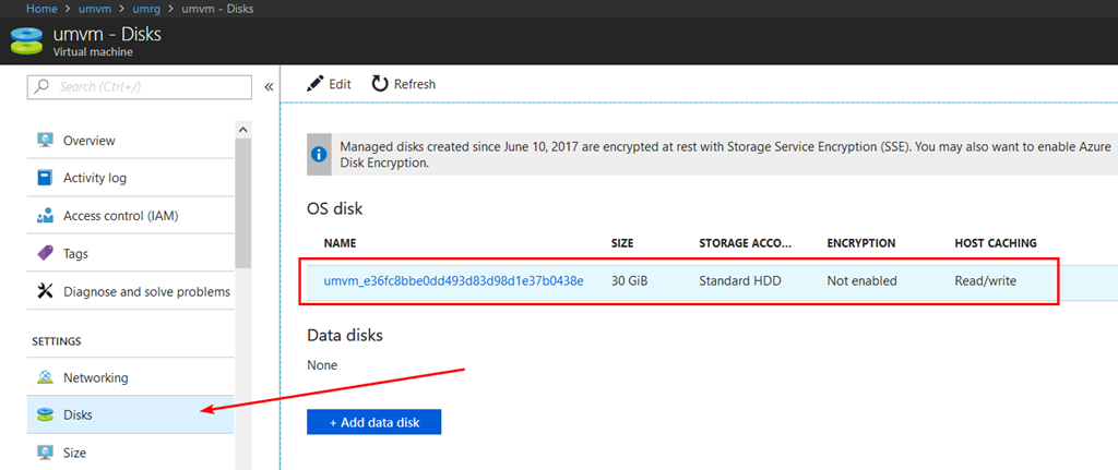 Additional details about the disks of the VM are available on the Disks