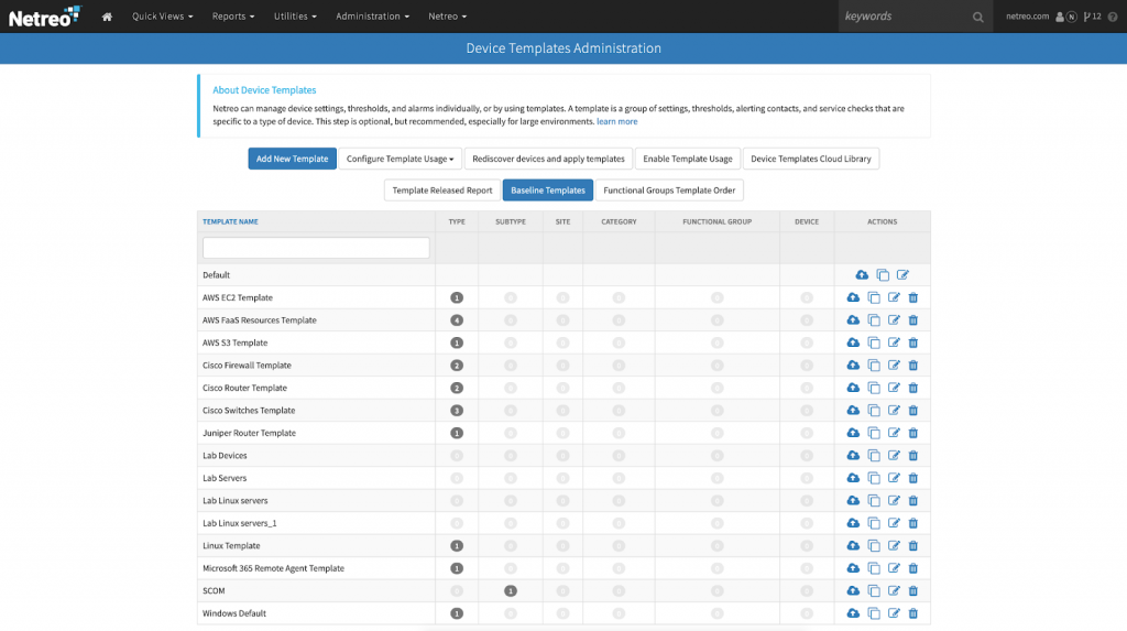 Device Templates Administration dashboard